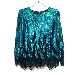 Vintage “Iris” Sequin Flame Long Sleeve Disco Top - Teal Green Blue - Size M